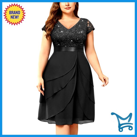 Other - Sequin Lace V-Neck Tiered Chiffon Cocktail Dress Plus Size Elegant Party